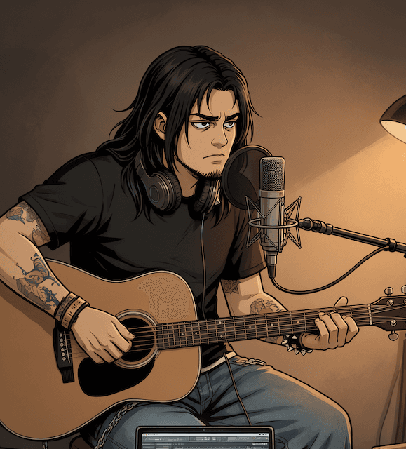 Taelor recording acoustic guitar